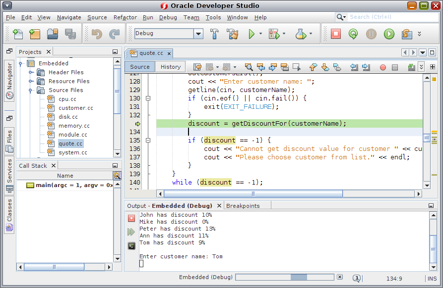 image:Screen capture of Oracle Developer Studio IDE with dbx debugger running