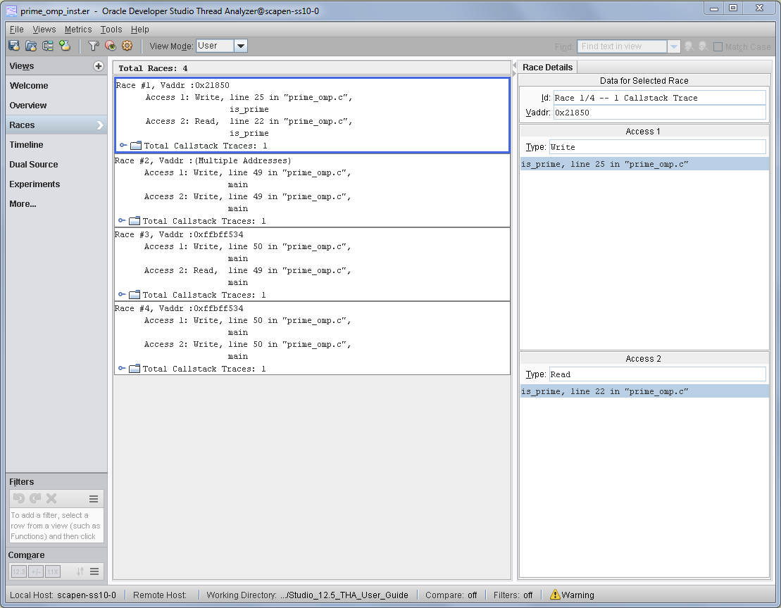 image:A screen shot of Thread Analyzer's Race Details window with call                             stack traces for a data race in an OpenMP program