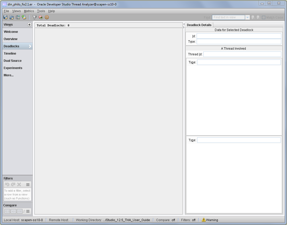 image:A screen shot of the Thread Analyzer window which shows no deadlocks.