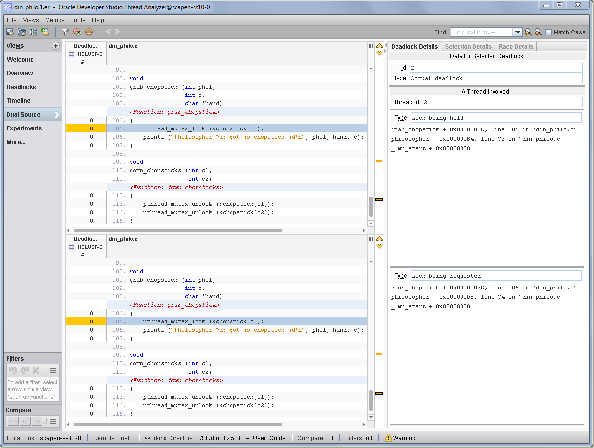 image:A screen shot of the Thread Analyzer's Dual-Source tab which shows a potential               deadlock.