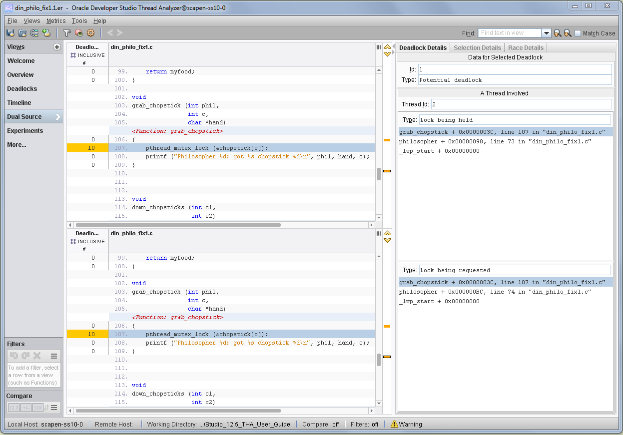 image:A screen shot of the Thread Analyzer's Dual Source view which shows a                 potential deadlock.