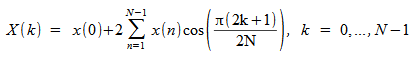 image:X(k)= x(0)+ 2 sum to {N - 1} from {n = 1} x(n) cos({%pi (2k+1)}                             over 2N), k= 0, ..., N - 1