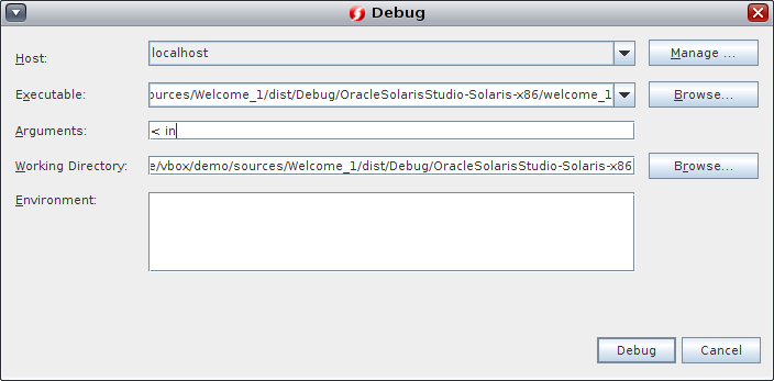 image:Debug dialog box for debugging executable