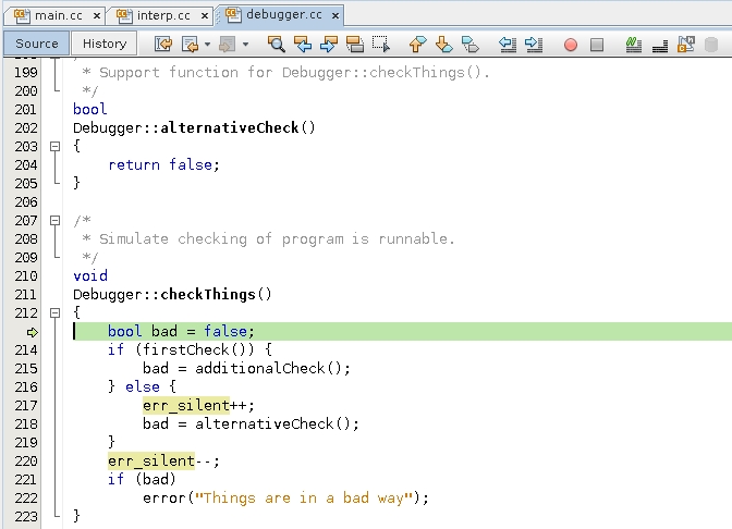 image:Editor window showing program stopped in if section of                                     checkThings( )