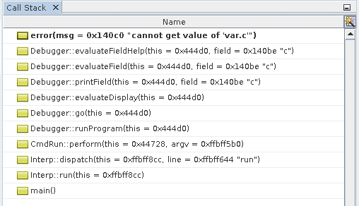 image:Call Stack window with error message                                                 frame