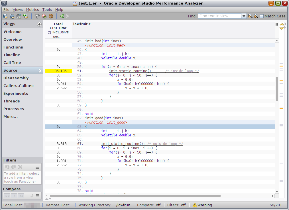 image:Source view shows the code of init_bad and init_good functions and metrics for each line