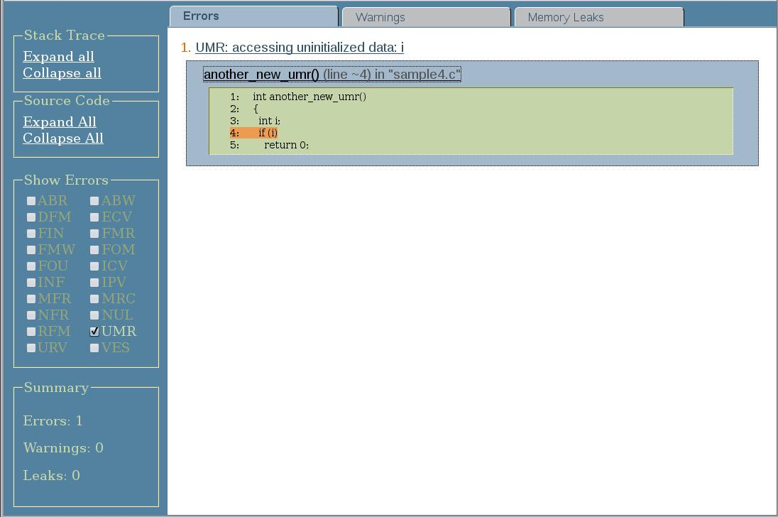 image:codean generated HTML report for Static Code Issues, showing a new UMR                     error