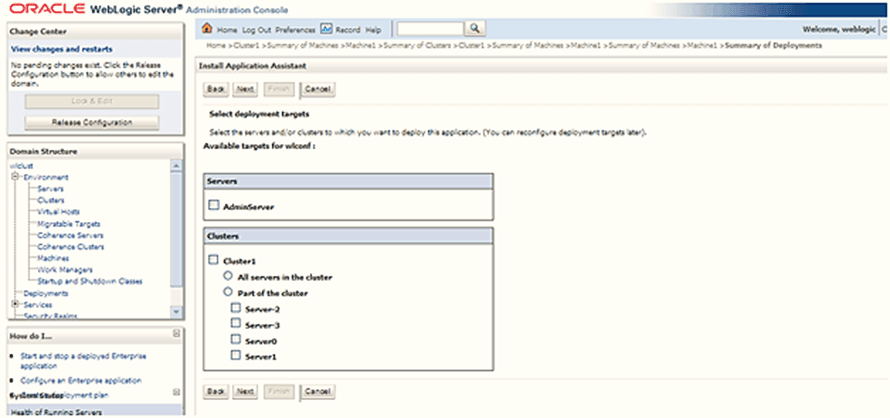 Title: Description of the Install Application Assistant follows - Description: This illustration displays the Install Application Assistant window. Select deployment targets as Cluster was created earlier.