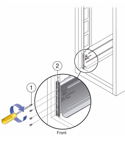 Illustration présentant l'insertion de vis dans quatre trous avant de chaque rail du rack image:Illustration présentant l'insertion de vis dans quatre trous avant de chaque rail du rack