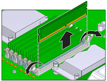 illustration présentant comment soulever un module DIMM hors de son emplacement dans un contrôleur ZS3-2 image:illustration présentant comment soulever un module DIMM hors de son emplacement dans un contrôleur ZS3-2