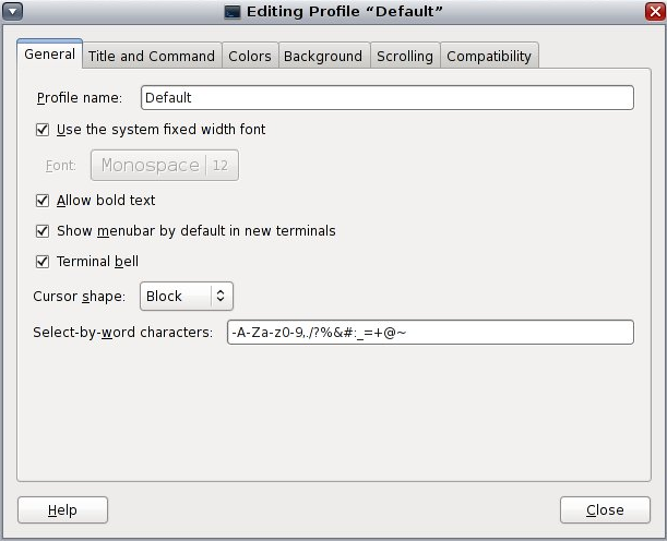 image:GNOME 端末アプリケーションからプロファイルダイアログを編集する6 つのタブセクションで構成されます。
