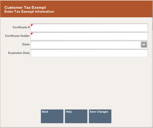 Customer Tax Exempt Information Screen