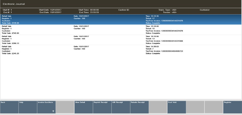 Electronic Journal Screen with valid invoices