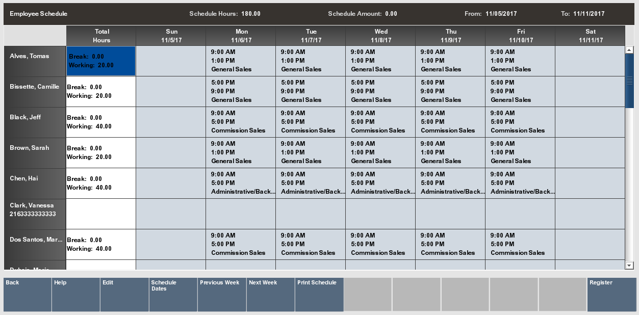 Employee Schedule Screen