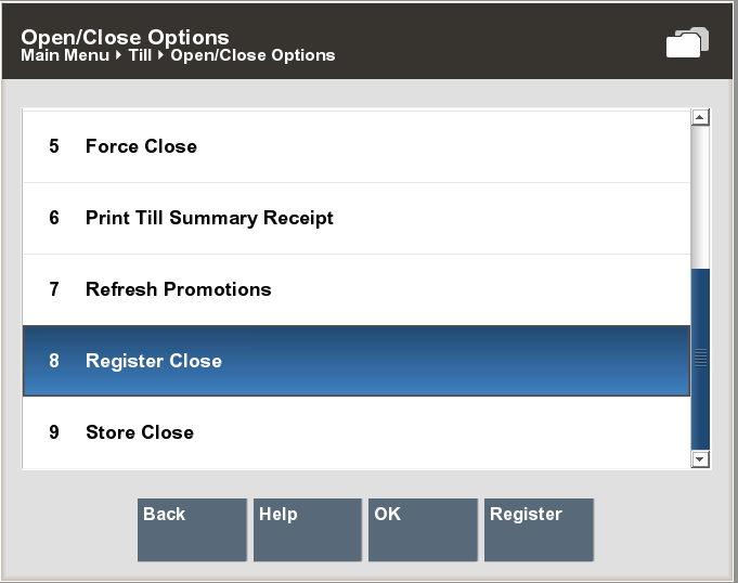 Open/Close Options - Register Close