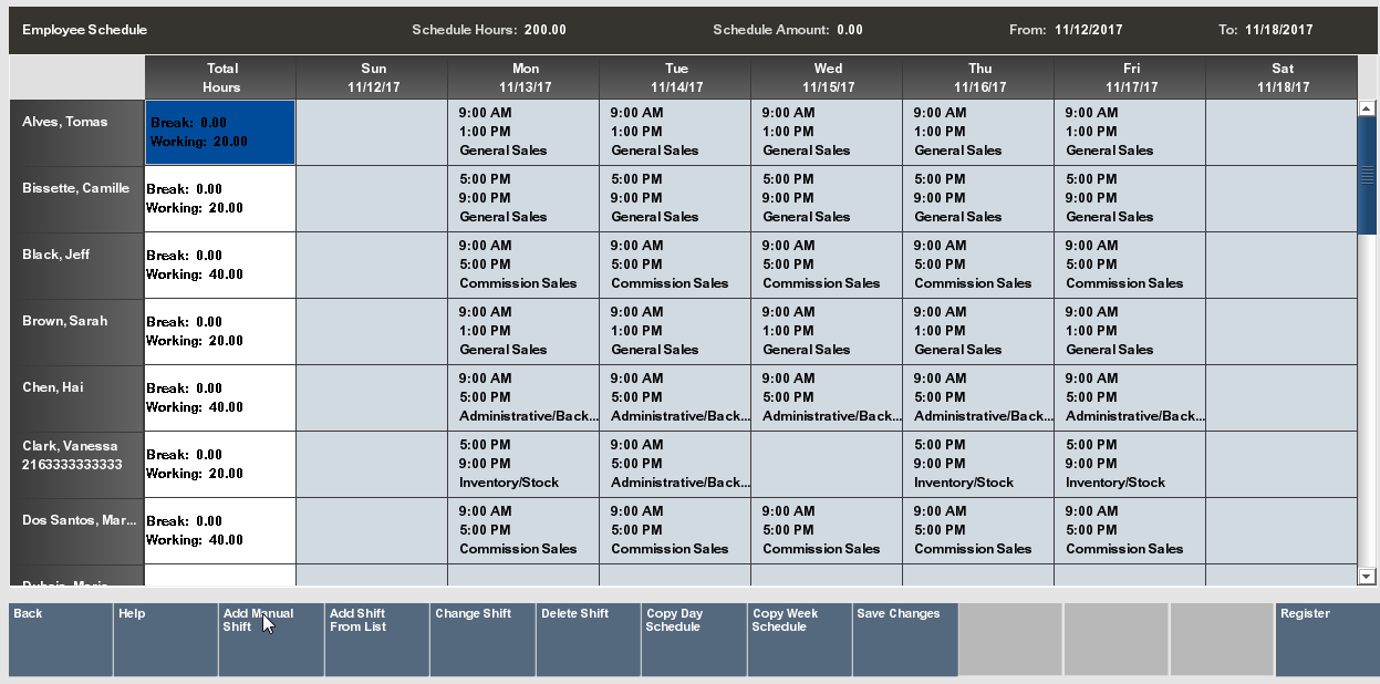 Weekly Summary Scheduling Screen