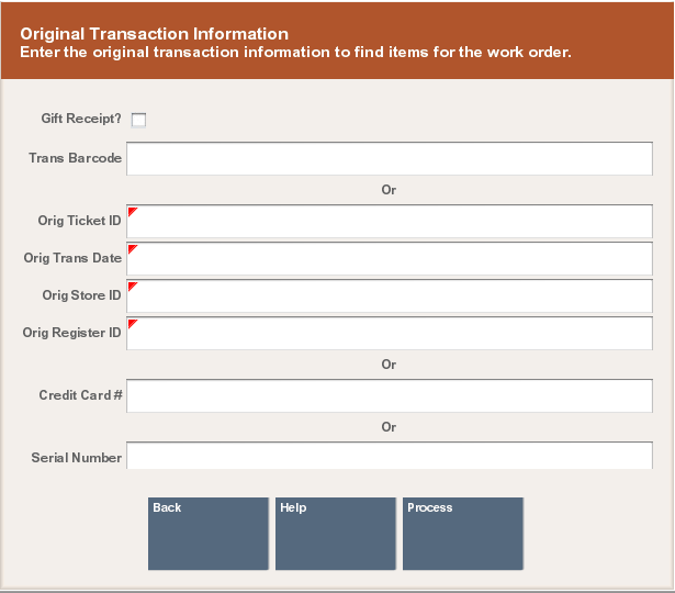 Work Order Original Transaction Search Form