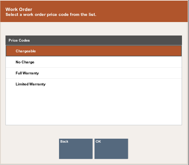 Work Order Price Code List