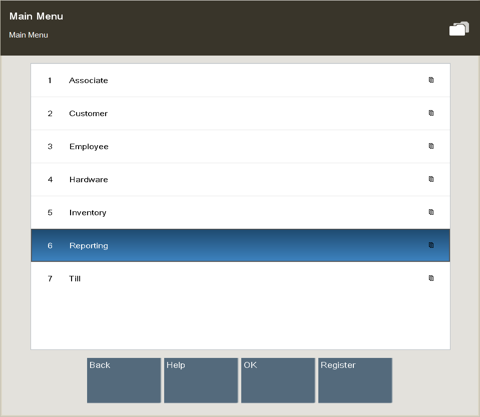 Back Office Main Menu