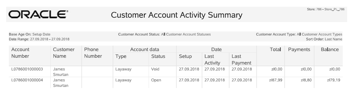 Customer Account Activity Summary