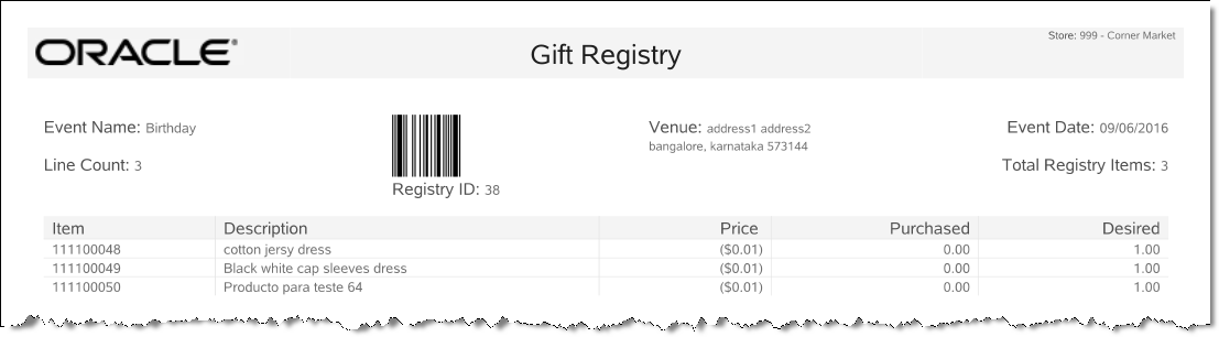 Gift Registry Report