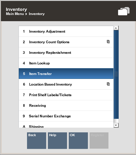 Inventory Menu - Item Transfer Option Selected