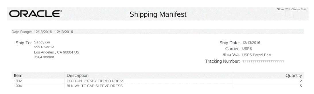 Shipping Manifest Report