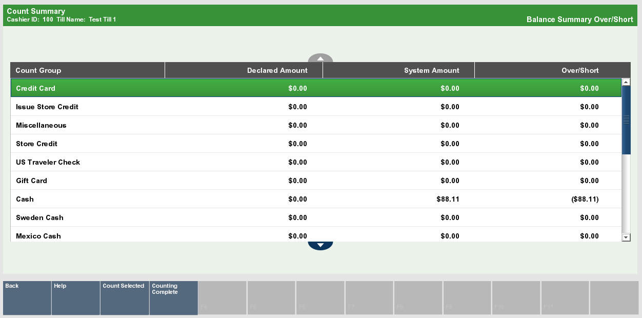 Close Count Summary Screen