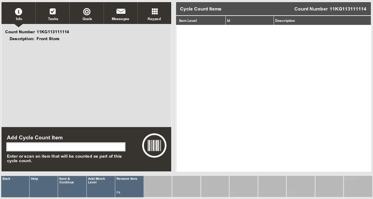 Cycle Count Setup Screen
