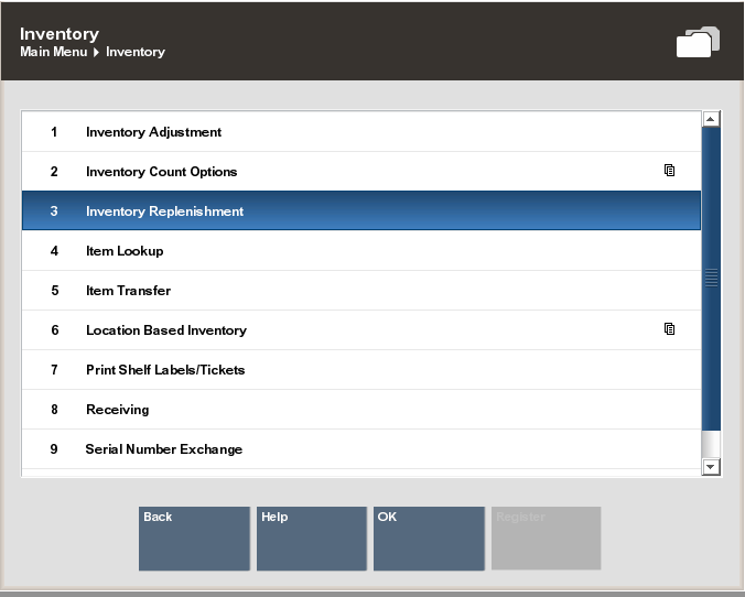 Inventory Menu Inventory Replenishment Selected