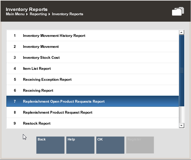 Replenishment Open Product Request Reports Menu Option