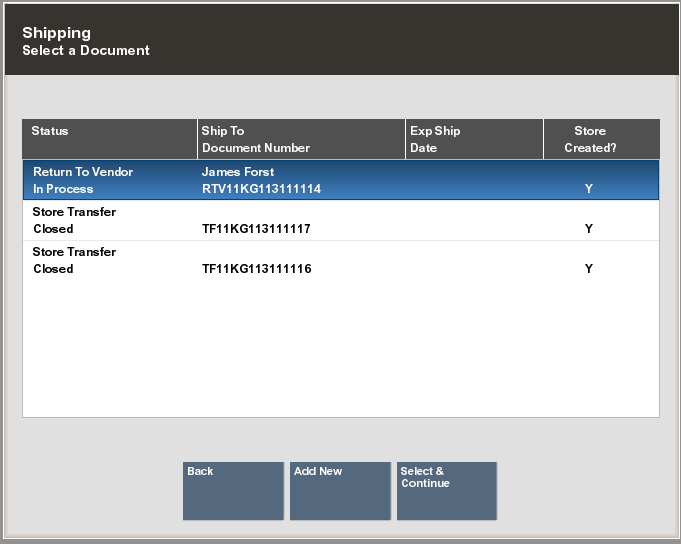 Shipping Document Search Results List