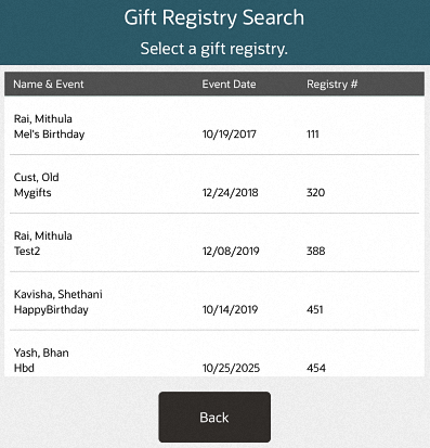 Gift Registry Search List