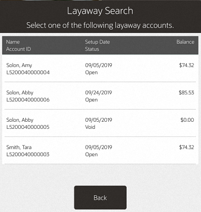 Layaway Search Results List