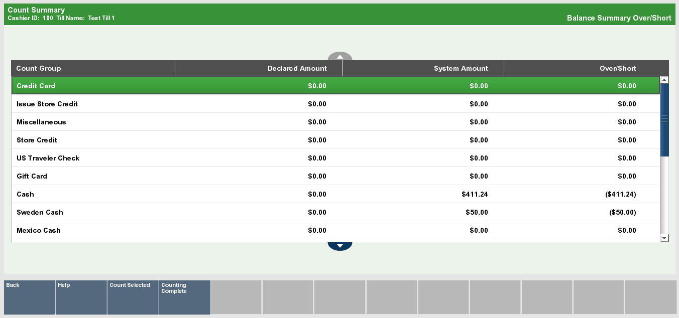 Till Audit Count Summary Screen