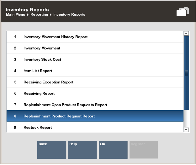 Inventory Report Menu Options