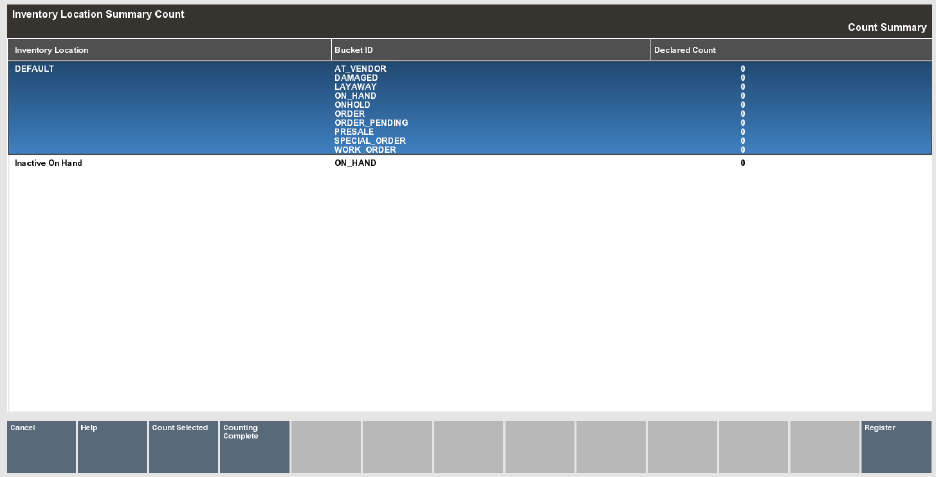 Inventory Location Summary Count Screen
