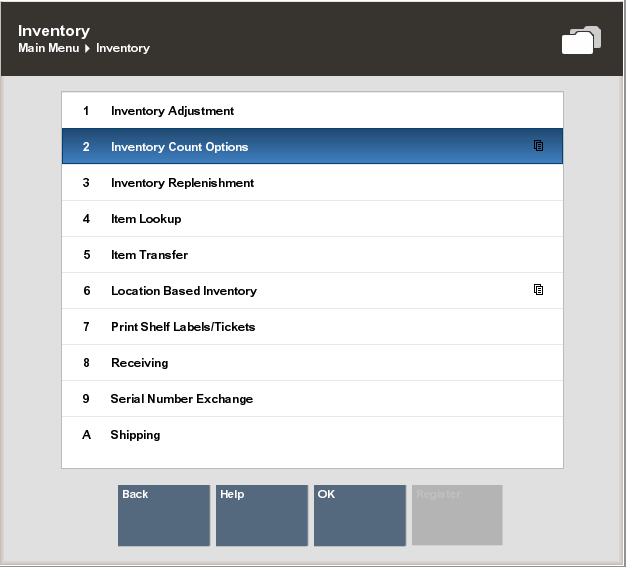 Inventory Menu Inventory Count Option Selected