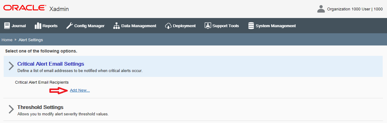 Critical Alert Email Settings Add New option marked
