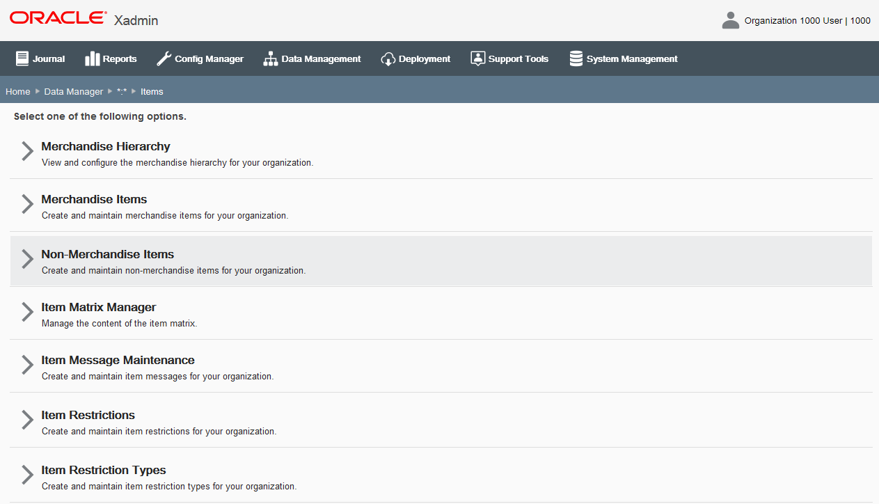 Data Manager - Items page