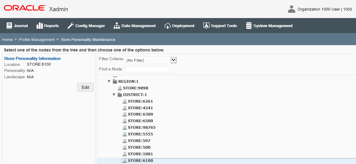 Store Personality Maintenance - Store Node Selected