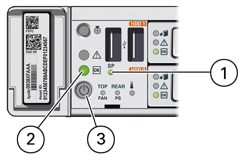 image:Figure showing SP OK, Power/OK, and Power                                                   button on the server front panel.