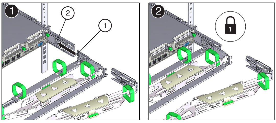image:Figure showing how to install the CMA's connector B into                                     the right slide-rail.