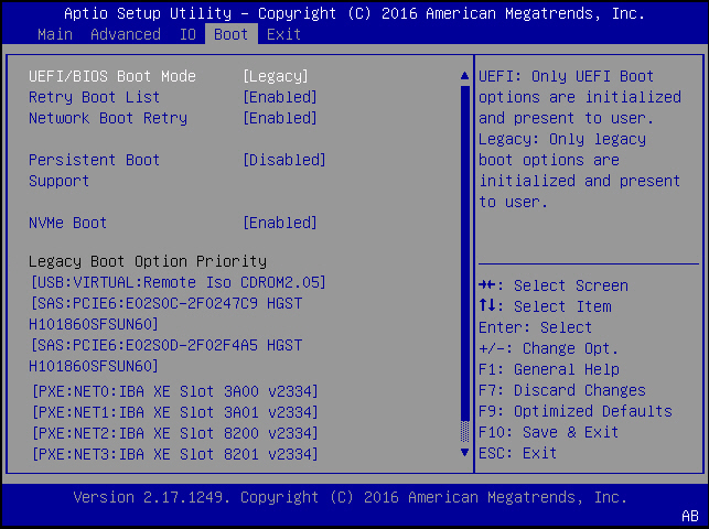 image:BIOS Boot menu screen showing Legacy Boot Mode                                 selected.
