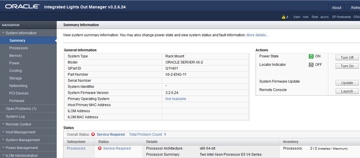 image:A screen capture showing the Oracle ILOM Summary                                     Information screen.