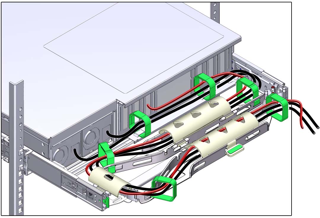 image:Figure showing CMA with cables installed, cable covers closed, and                            cables secured with Velcro straps.