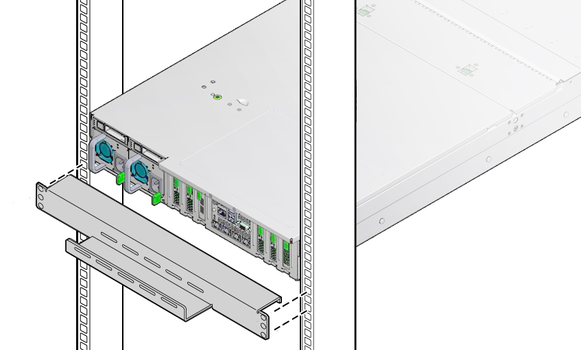 image:This figure shows how to position the Shipping Bracket With Cable Trough                      below the server.