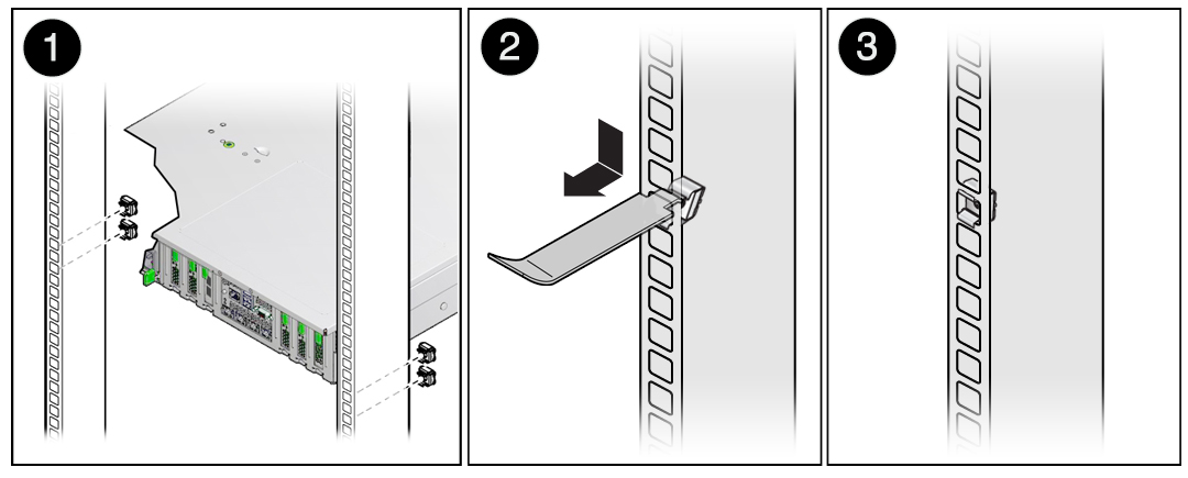 image:This figure shows how to install cage nuts in RETMA racks with square                      holes.