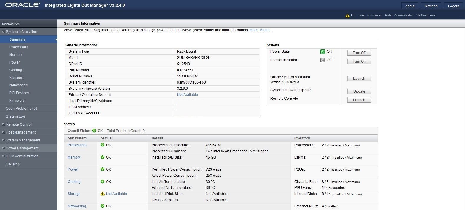 image:Graphic showing Oracle ILOM Summary screen