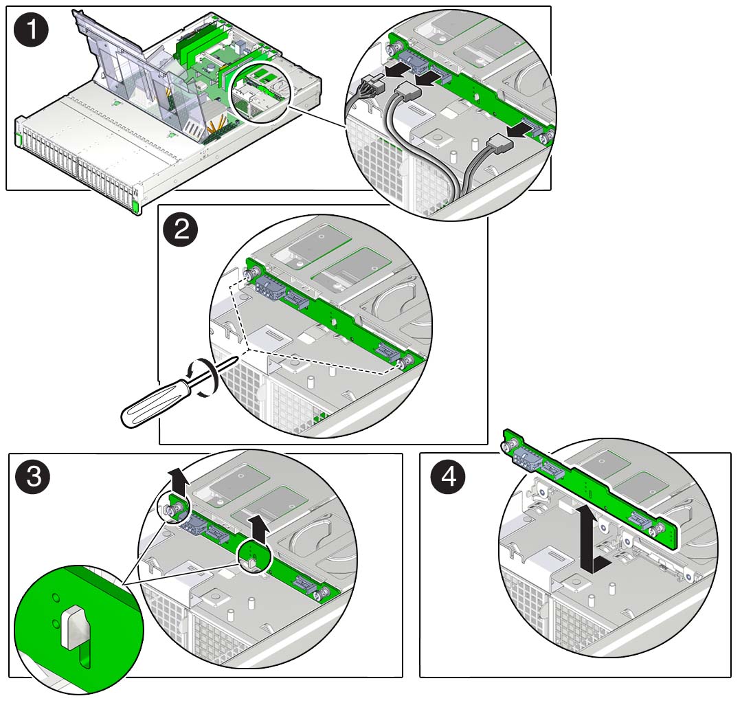 image:Figure showing removal of the storage drive backplane for                               rear-mounted storage drives.